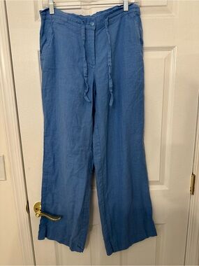 Women's Linen Pants Elastic Waist, Pockets, Blue Size Euro‎ 40